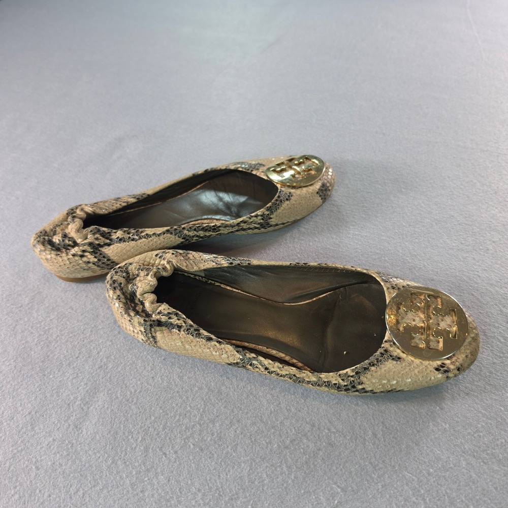 Tory Burch Reva Snakeskin Embossed Leather Ballet Flats Gold Logo Medallion